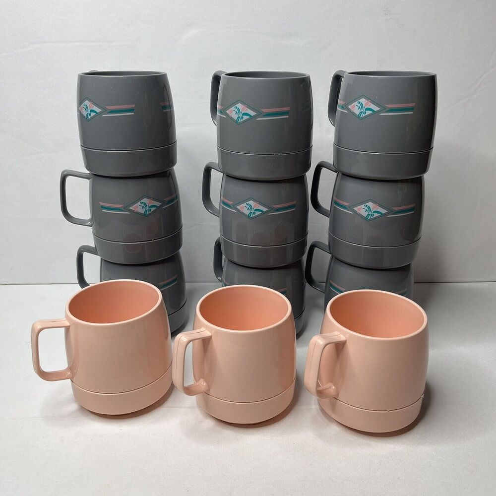 Lot 12 Vintage Classic Dinex #1197  Gray Pink Insulated Mugs